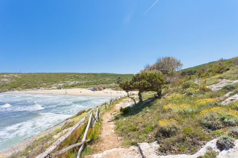 Lido Cala Lunga，普利亚-在海滩附近的印象深刻的风景 免版税库存图片