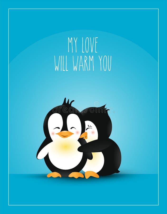Liebe themenorientiert Postkarten-Design-Liebe Wärmen Sie Umarmungs-nette Karikatur-Pinguine Auch im corel abgehobenen Betrag vektor abbildung