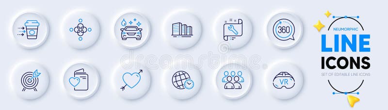 Liebesgruppe und 360 Grad Line Icons für Web App. Piktogramm. Vektor stock abbildung