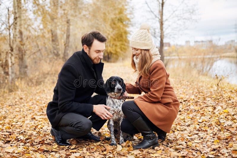 Liebevolle Paare gehen durch den Herbst Forest Park mit einem Spaniel lizenzfreie stockbilder Liebevolle Paare gehen durch den Herbst Forest Park mit einem Spaniel lizenzfreie stockbilder