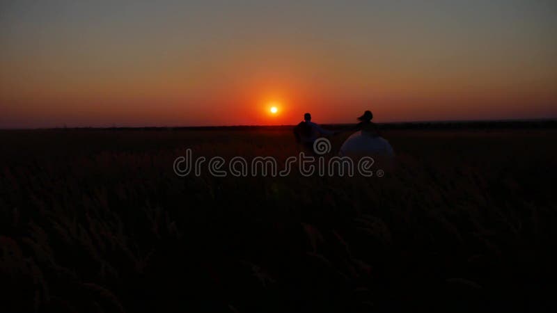 Liebevolles Paar läuft über das Feldschattenbild Romanze schöner Naturmann des liebevollen Paarsonnenuntergangschattenbildes und