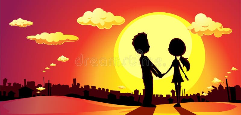 Liebhaber silhouettieren im Sonnenuntergang - Vektor lizenzfreie abbildung Liebhaber silhouettieren im Sonnenuntergang - Vektor lizenzfreie abbildung