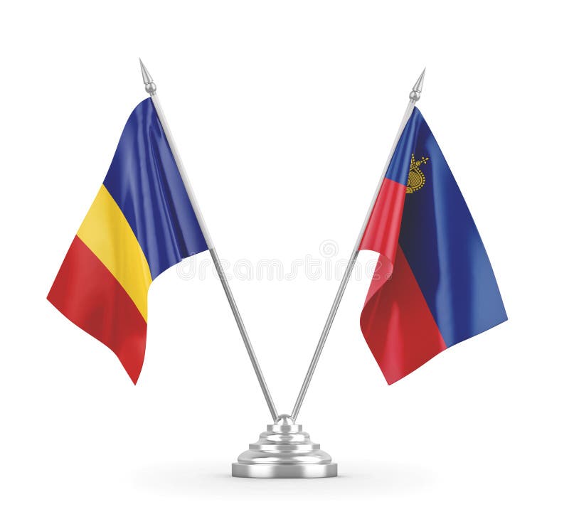 Liechtenstein and Romania table flags isolated on white 3D rendering royalty free illustration