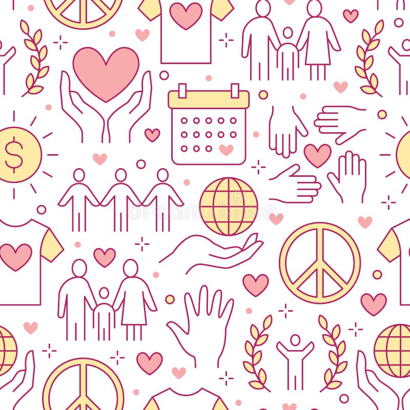 Liefdadigheids vector naadloos patroon met vlakke lijnpictogrammen Schenking, organisatie die zonder winstbejag, NGO, hulpillustr vector illustratie Liefdadigheids vector naadloos patroon met vlakke lijnpictogrammen Schenking, organisatie die zonder winstbejag, NGO, hulpillustr vector illustratie