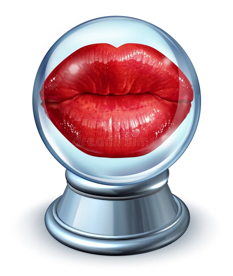 Love astrology concept with red woman lips in a crystal ball as a symbol of dating horoscope and predicting romantic future relationships using signs from the zodiac to forecast partner compatibility. Love astrology concept with red woman lips in a crystal ball as a symbol of dating horoscope and predicting romantic future relationships using signs from the zodiac to forecast partner compatibility.