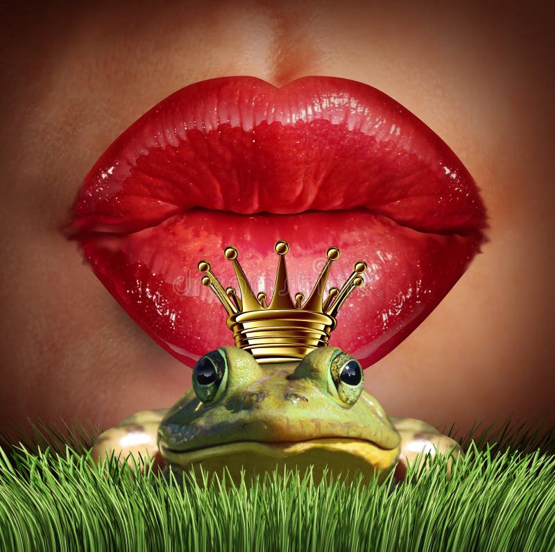 Love Match and finding prince charming or mr right concept as red female lips getting ready to kiss a frog prince wearing a crown as a metaphor for finding romance and relationship online dating symbol. Love Match and finding prince charming or mr right concept as red female lips getting ready to kiss a frog prince wearing a crown as a metaphor for finding romance and relationship online dating symbol.