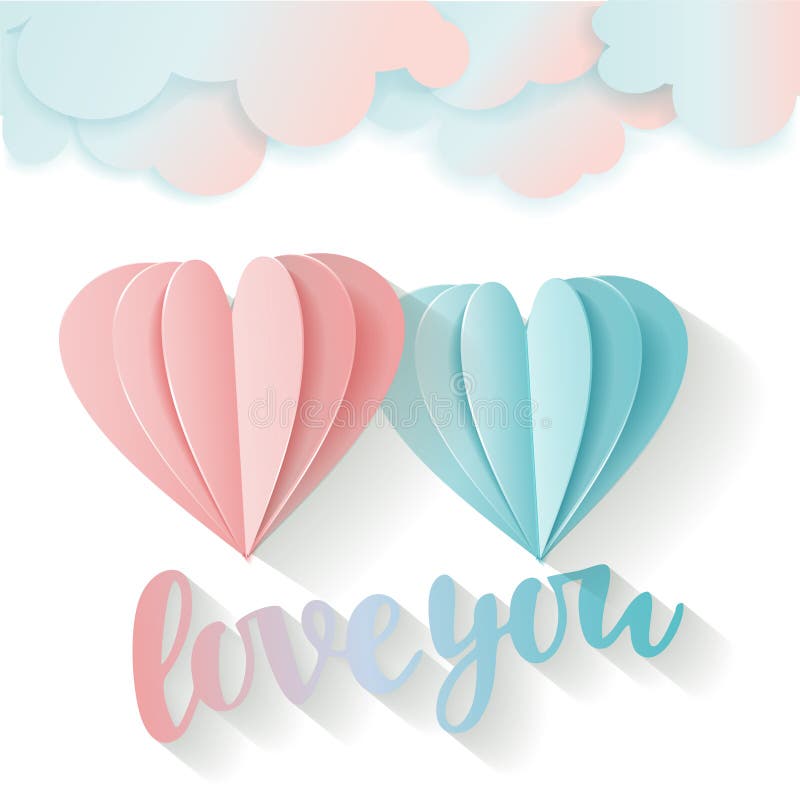 Liefdekaart voor de dag van Valentine ` s Het van letters voorzien liefde u 3D vliegende roze en blauwe Document hart en wolken T