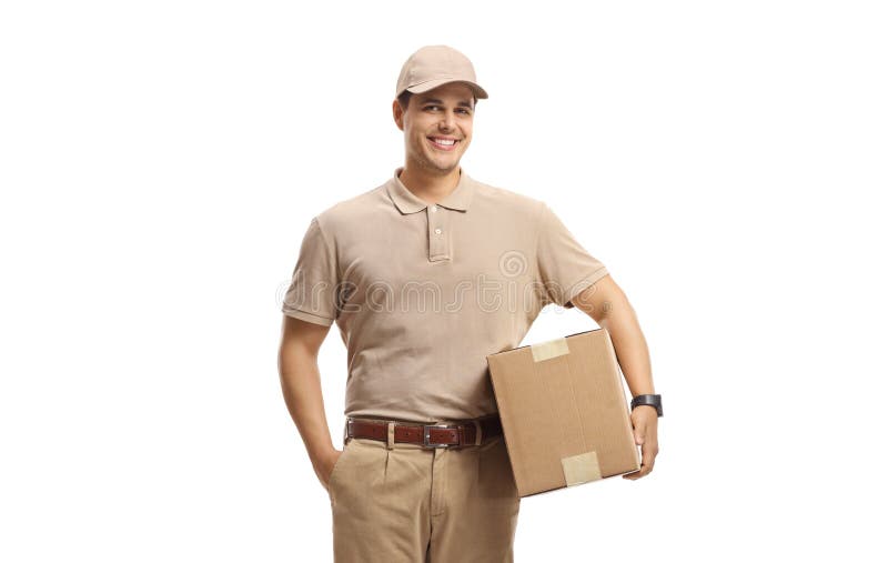 Smiling delivery man holding a package isolated on white background. Smiling delivery man holding a package isolated on white background