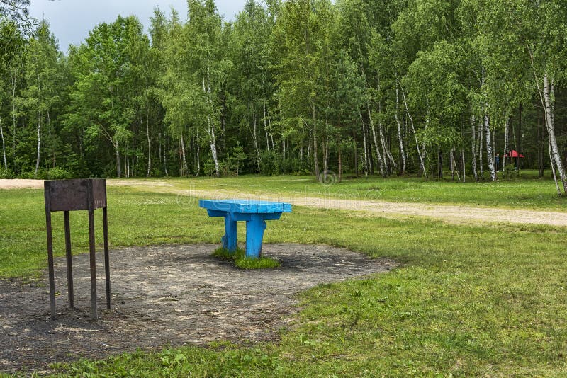 Lieu de repos avec la table et barbecue dans la forêt sur la clairière. Dans la forêt sur le pré il y a un brasero et une table en bois pour la récréation extérieure