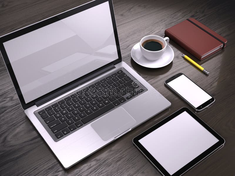 Lieu de travail avec l'ordinateur portable, la tablette et le smartphone avec les écrans vides sur la table illustration libre de droits Lieu de travail avec l'ordinateur portable, la tablette et le smartphone avec les écrans vides sur la table illustration libre de droits