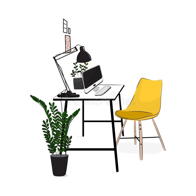 Lieu de travail de bureau de vecteur avec l'ordinateur et les usines Espace de travail créatif moderne confortable avec la chaise illustration stock Lieu de travail de bureau de vecteur avec l'ordinateur et les usines Espace de travail créatif moderne confortable avec la chaise illustration stock