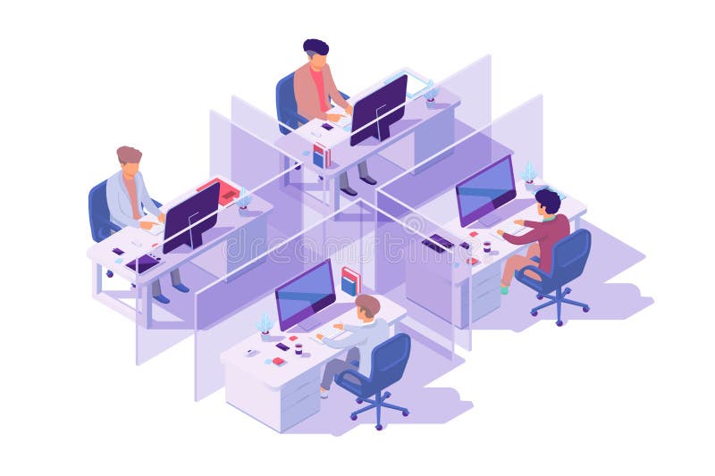 Lieu de travail 3d isométrique avec quatre sections et programmeur d'homme d'affaires à l'ordinateur illustration stock Lieu de travail 3d isométrique avec quatre sections et programmeur d'homme d'affaires à l'ordinateur illustration stock