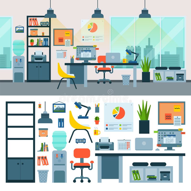 Lieu de travail de vecteur de bureau avec la table d'ordinateur et de meubles de travailleurs ou chaise dans l'intérieur meublé d illustration libre de droits Lieu de travail de vecteur de bureau avec la table d'ordinateur et de meubles de travailleurs ou chaise dans l'intérieur meublé d illustration libre de droits