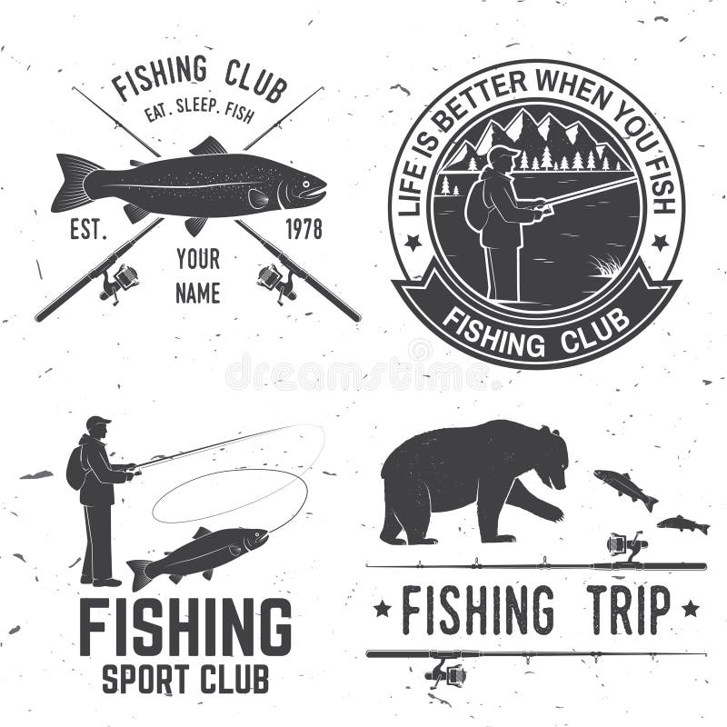 Set of hunting and fishing club patches. Vector illustration. Concept for  shirt, logo, stamp, patch. Vintage design with fisherman, fish rod, rainbow  trout, hook, deer, bear and forest silhouette Stock Vector Image