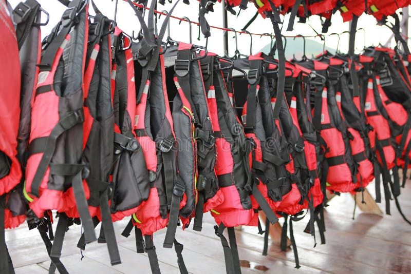 Life Jackets Safety Equipment Hanging in Row Stock Image Image of
