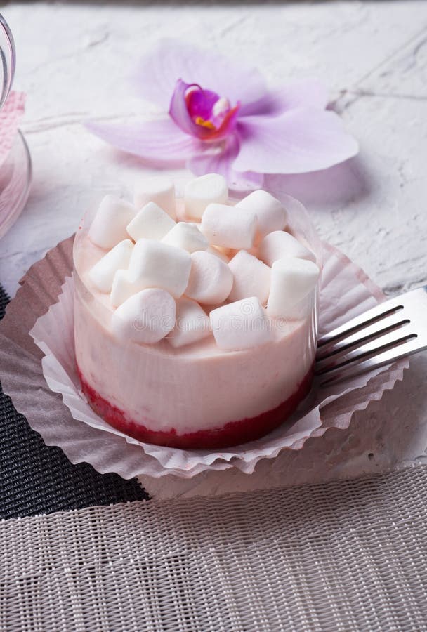 Life style shot at meeting in cafe with panna cotta cake at white table. close up royalty free stock photography Life style shot at meeting in cafe with panna cotta cake at white table. close up royalty free stock photography
