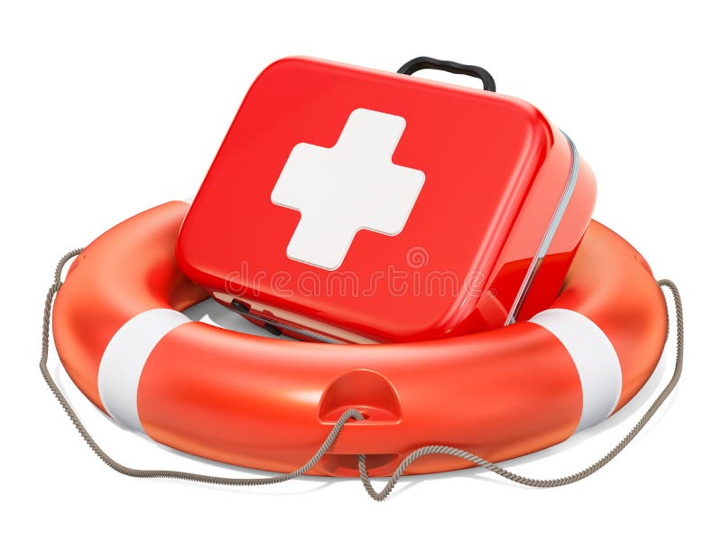 Lifebuoy z pierwsza pomoc zestawem, 3D rendering ilustracja wektor Lifebuoy z pierwsza pomoc zestawem, 3D rendering ilustracja wektor