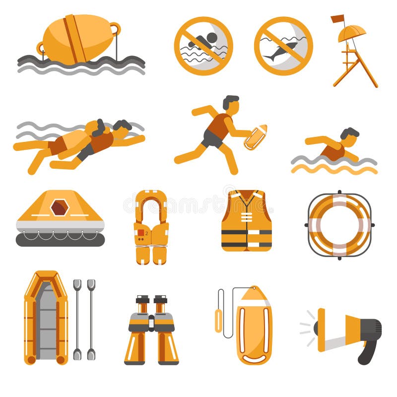Lifeguard equipment items and swimming safety warning signs set royalty free illustration Lifeguard equipment items and swimming safety warning signs set royalty free illustration