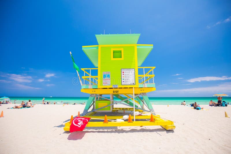 Lifeguard tower in a colorful Art Deco style, with blue sky and Atlantic Ocean in the background. World famous travel location. So. Uth Beach royalty free stock images Lifeguard tower in a colorful Art Deco style, with blue sky and Atlantic Ocean in the background. World famous travel location. So. Uth Beach royalty free stock images