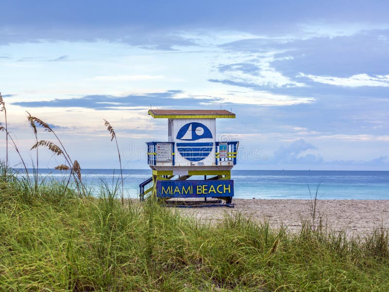 Colorful lifeguard tower in Miami Beach on a beautiful summer day