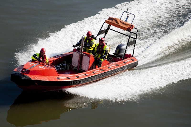 Lifeguards training on a lifeboat at the port of Newcastle. England. May 19, 2019. RNLI: the charity that saves lives at sea.