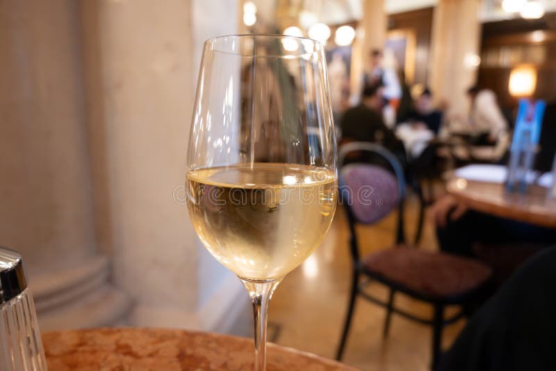Lifestyle of beautiful Vienna, glass of cold white dry Austrian wine served in old Viennese-style cafe in Vienna, Austria royalty free stock photography