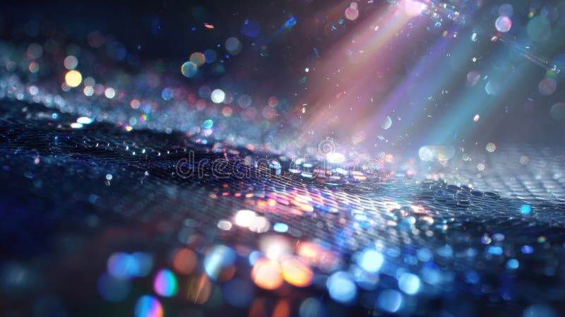 Light beams reflecting on glittering sequins creating bokeh effect stock image