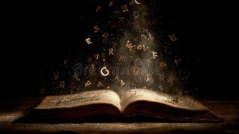 Open Book Radiates Light as Letters Float, Showcasing the Magic of Learning in a Mystical Setting royalty free stock image