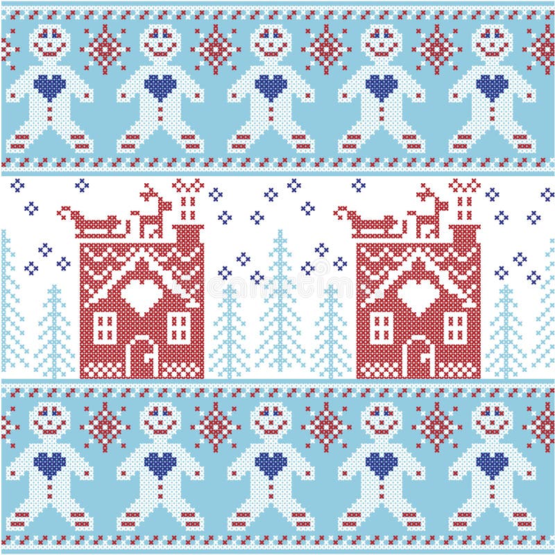Light blue, dark blue and red Scandinavian Nordic Christmas seamless pattern with gingerbread man , stars, snowflakes, ginger hou