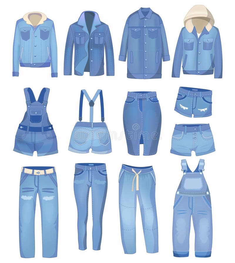 Light blue denim clothing. Jeans, jacket, shorts, overalls and skirt. Ripped jeans set. Vector denim illustration stock illustration Light blue denim clothing. Jeans, jacket, shorts, overalls and skirt. Ripped jeans set. Vector denim illustration stock illustration