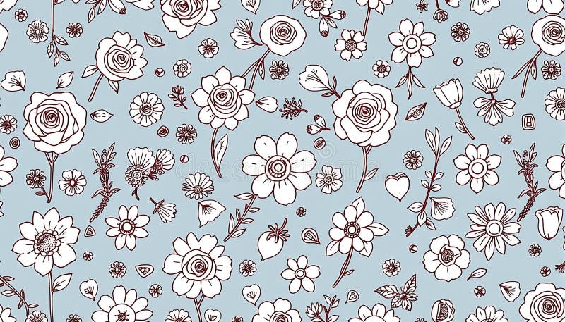 Light blue floral doodle pattern, delicate and whimsical design, Stock Photo, Generative AI royalty free illustration