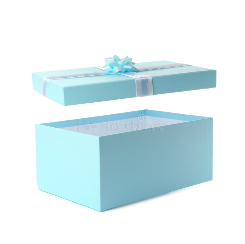 Light Blue Gift Box and Lid with Bow on White Background Stock Photo