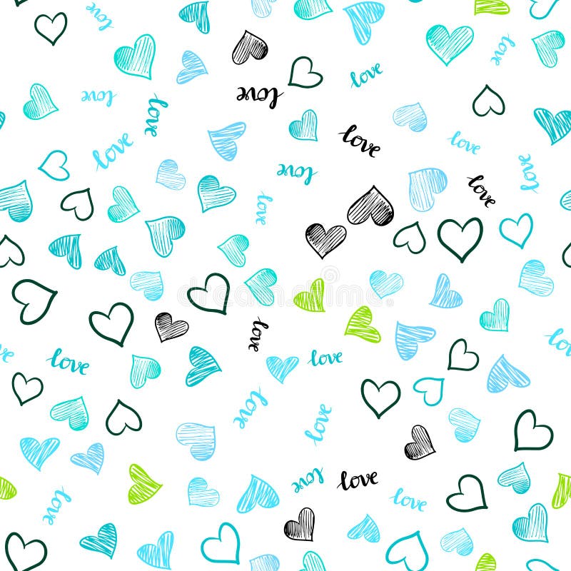 Light Blue, Green Vector Seamless Template with Text LOVE YOU, Hearts ...