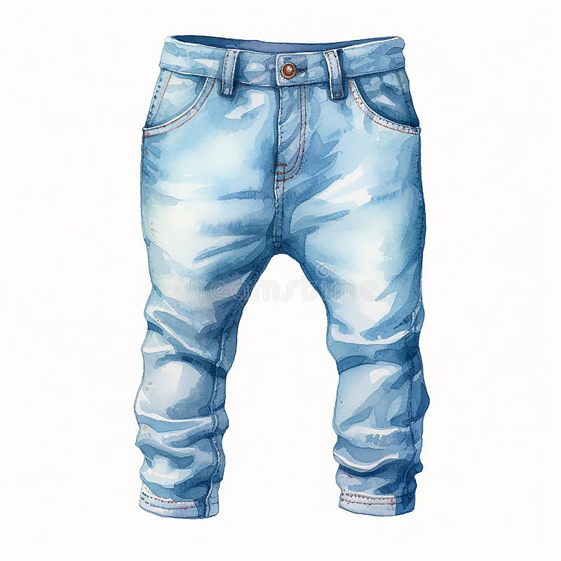 Light blue jeans for newborn boy watercolor clip art, white background. Stylish modern clothes for boys. Cropped pants, fashion