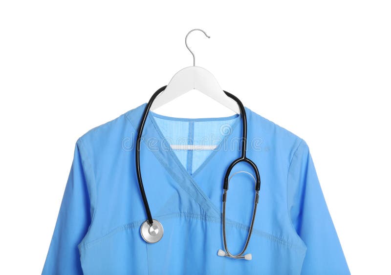 Light Blue Medical Uniform and Stethoscope on White Background Stock