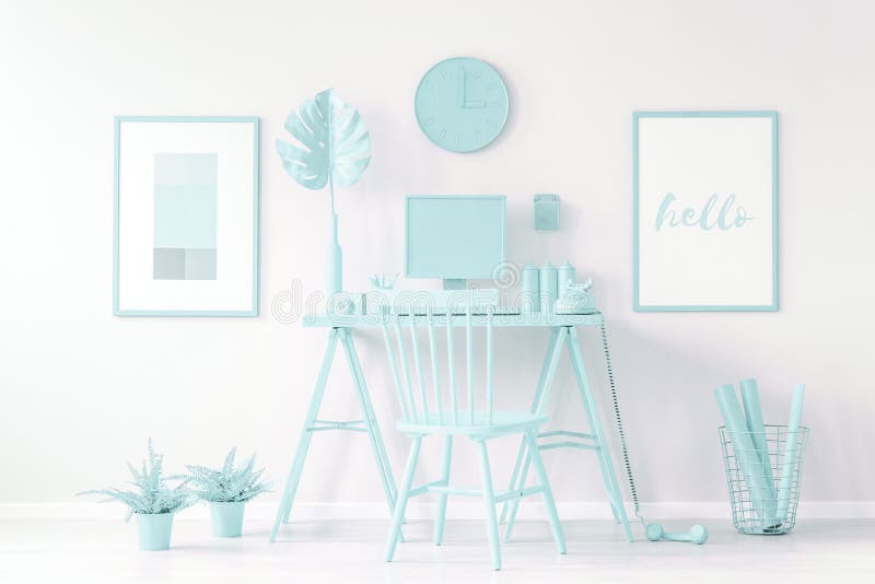 Light blue modern workspace stock photo
