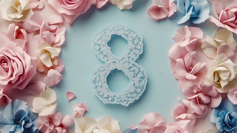 Light blue number eight surrounded by pastel flowers stock photo