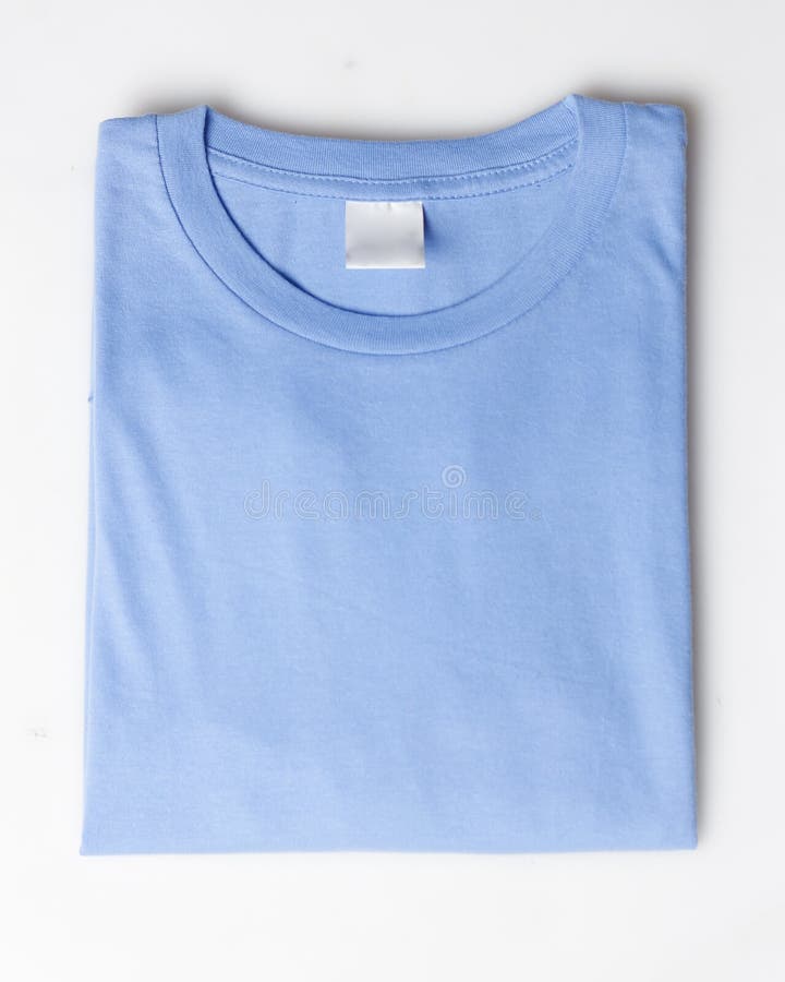 Light blue plain t-shirt mockup template. Plain t-shirt isolated on white background. Clothing for everyday. Perfect for your ad space. Space for your logo. Plain t-shirt for everyday wear. Focus blur.