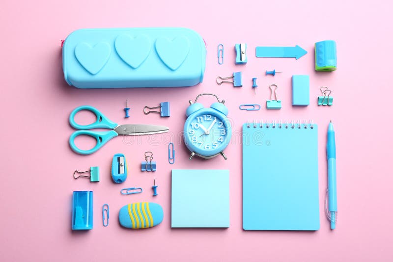 Light Blue School Stationery on Pink Background Stock Image Image of