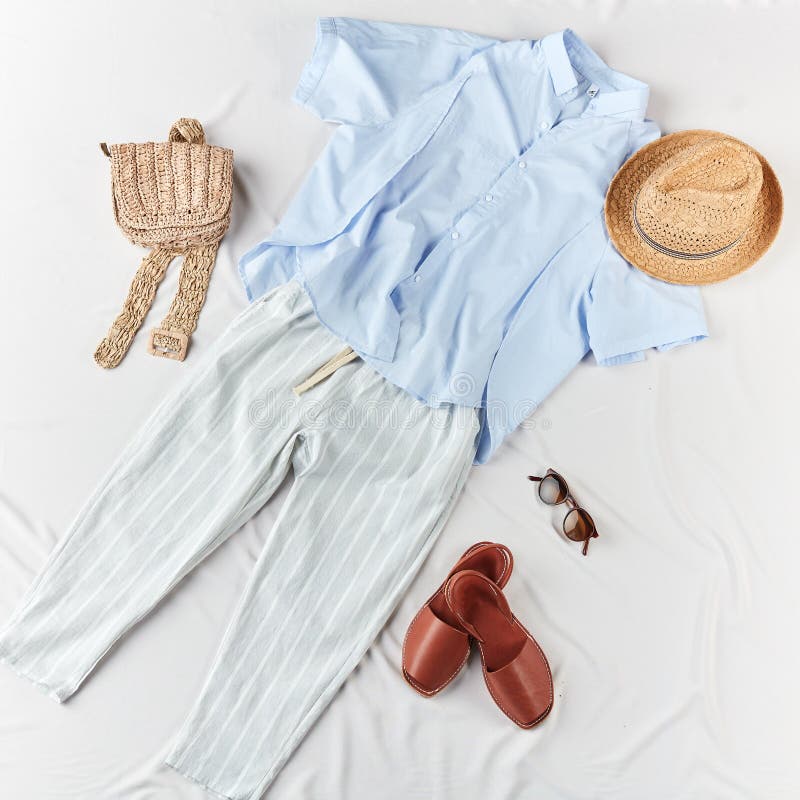 Light Blue Shirt, Striped Trousers, Sandals, Knitted Bag, Straw Hat ...