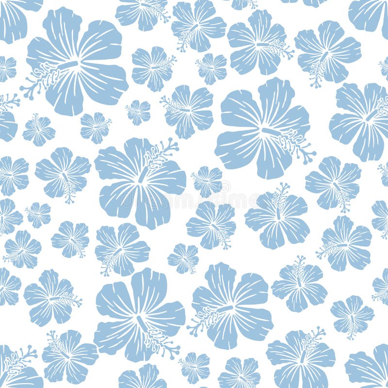 Light Blue on white random hibiscus flower pattern seamless repeat background
