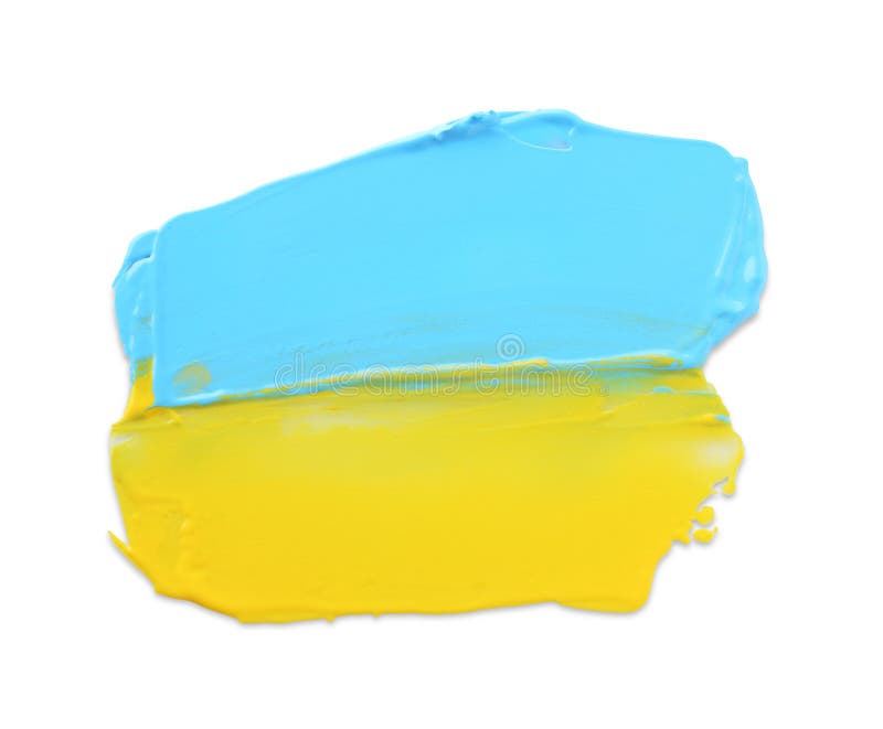 Light Blue and Yellow Paint Samples on White Background, Top View Stock
