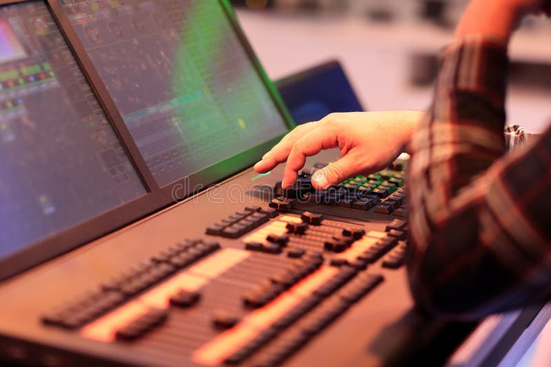 Light Board Operator Works with Lighting Console Stock Photo Image of