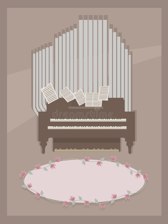 Brown postcard with small room organ wooden brown and gray with two keyboards for hands, pages with notes and pink floral oval for vector illustration Brown postcard with small room organ wooden brown and gray with two keyboards for hands, pages with notes and pink floral oval for vector illustration