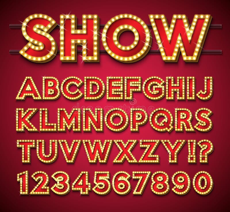 Light Bulb Alphabet with gold frame and shadow on red backgrond. Glowing retro vector font collection with shiny bright