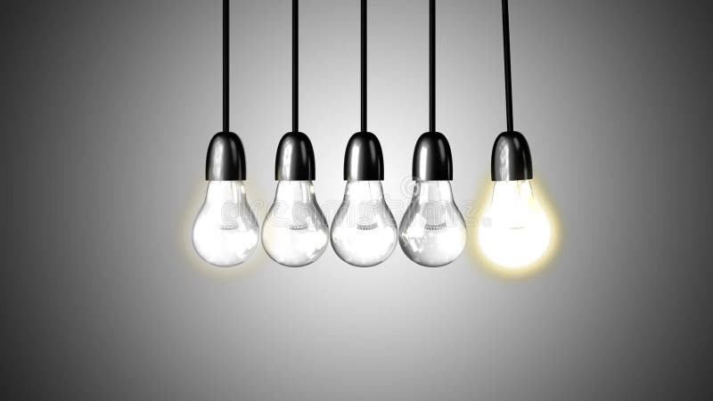 A light bulb boosts other extinguished bulbs. Newton's cradle concept. royalty free illustration