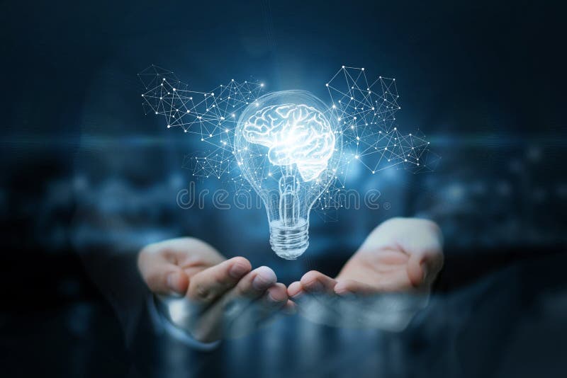 Light bulb with brain inside the hands of the businessman.