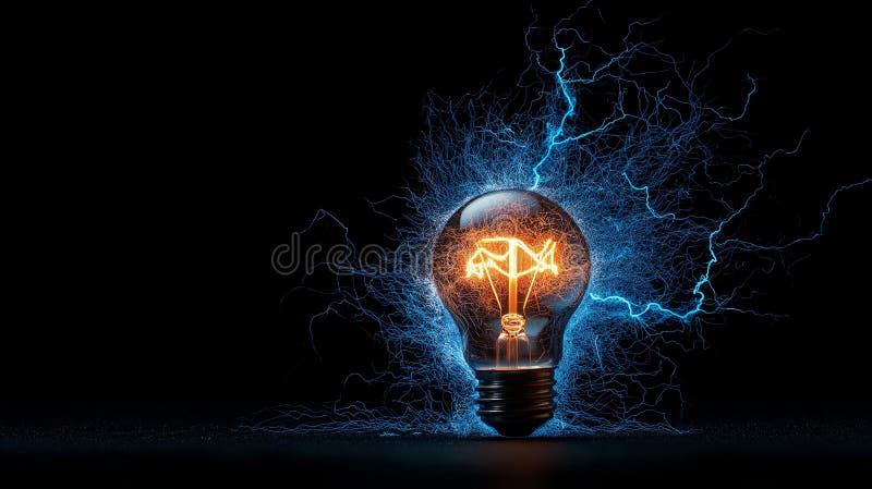Light bulb with electric sparks and energy concept, symbolizing innovation and creativity. glowing filament and blue lightning stock illustration