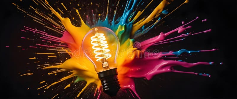 Light bulb explodes with multicolor magic paint. New idea, brainstorming concept. stock illustration.