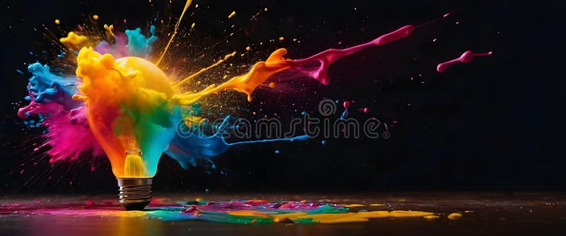 Light bulb explodes with multicolor magic paint. New idea, brainstorming concept. royalty free illustration.